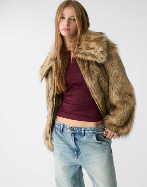 Stradivarius Faux fur jacket in stone - view 1