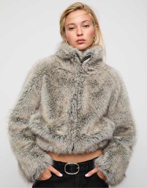 Stradivarius Faux fur jacket with high neck in dark grey - view 1