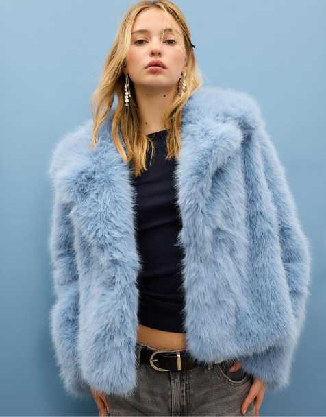 Stradivarius Faux fur jacket with lapel in royal blue - view 1