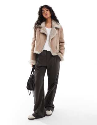 faux fur lined aviator jacket in camel-Neutral