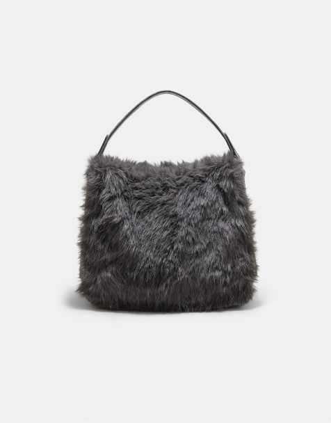 Stradivarius Faux fur shoulder bag in dark grey - view 1