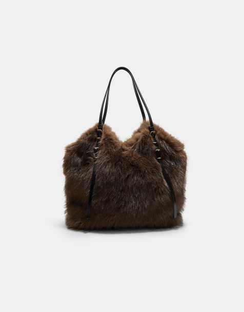 Stradivarius Faux fur tote bag in brown - view 1