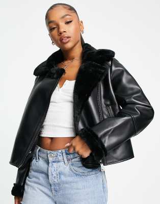 Stradivarius faux fur trim faux leather biker jacket in black | ASOS