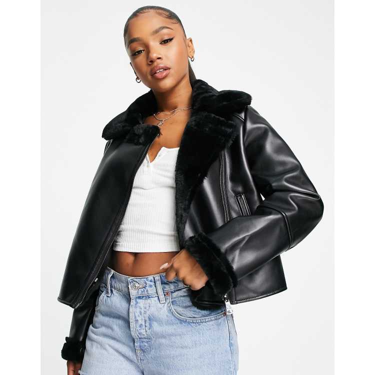 Stradivarius 黒 フェイクファー ジャケット M Stradivarius faux fur trim faux leather biker jacket in