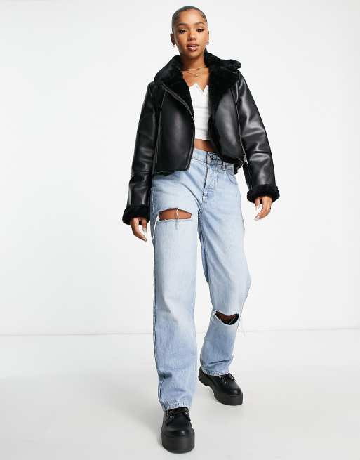 Stradivarius 黒 フェイクファー ジャケット M Stradivarius faux fur trim faux leather biker jacket in