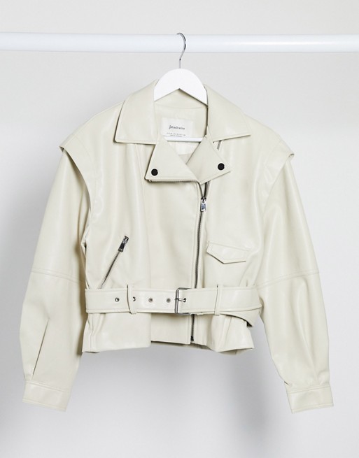 Stradivarius faux leather 80's biker jacket in off white