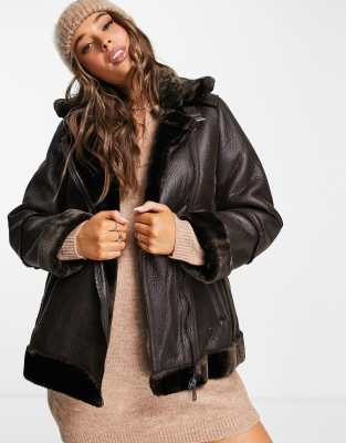 Stradivarius faux leather aviator coat in chocolate brown