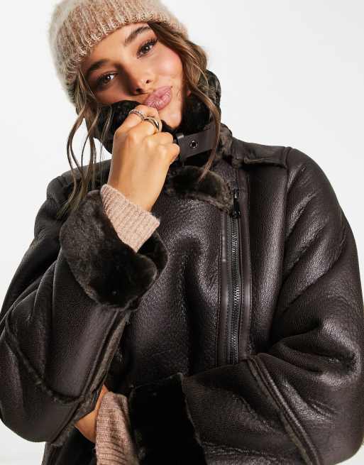 Stradivarius faux leather aviator coat in chocolate brown | ASOS