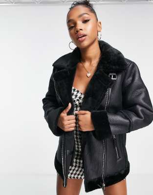 Stradivarius Stradivarius faux leather aviator jacket in black