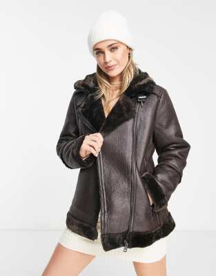 Stradivarius faux leather aviator jacket in brown