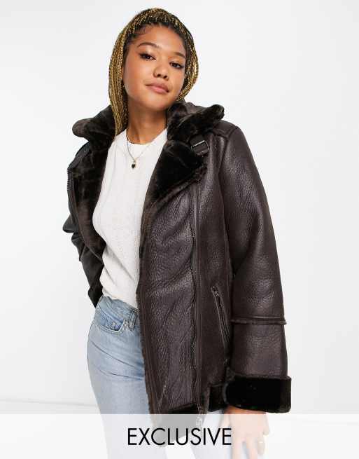 Stradivarius faux leather aviator jacket in brown | ASOS