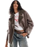 [Stradivarius] Stradivarius faux leather aviator jacket with borg lining in brown S BROWN