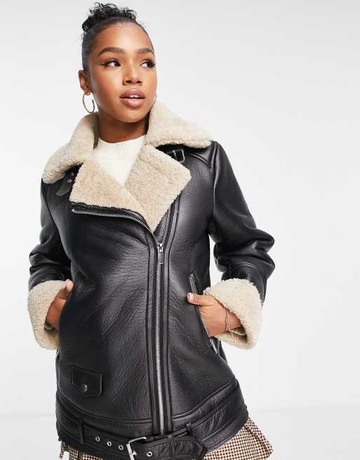 Stradivarius faux leather aviator jacket with contrast in brown ASOS