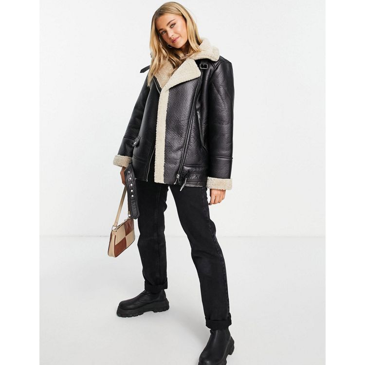 Stradivarius faux leather aviator jacket with contrast shearling in black