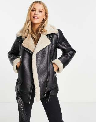 Stradivarius faux leather aviator jacket with contrast shearling