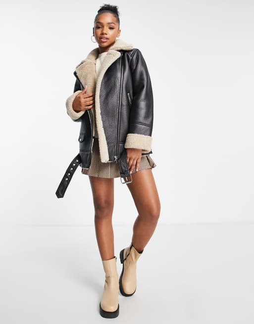 Stradivarius faux leather aviator jacket with contrast sherpa in brown 