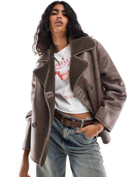 Stradivarius faux leather aviator with borg lining in brown - view 1