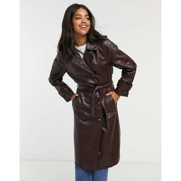 Faux leather belted trench coat