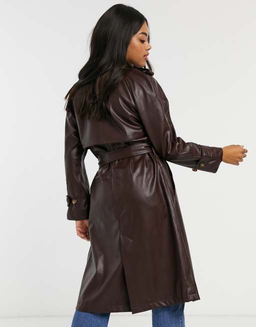 Belted Faux Leather Trench Coat - SecilStore