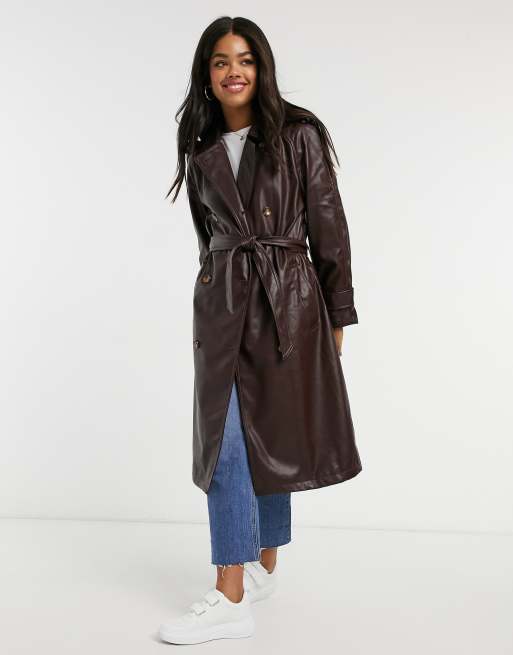 Belted Faux Leather Trench Coat - SecilStore