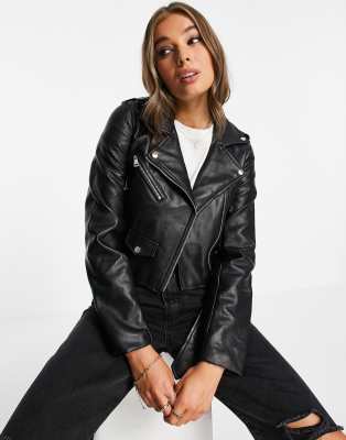 Stradivarius Stradivarius faux leather biker jacket in black