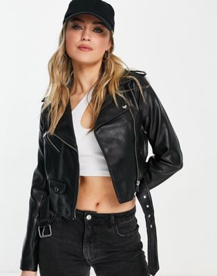 Stradivarius faux leather biker jacket in black
