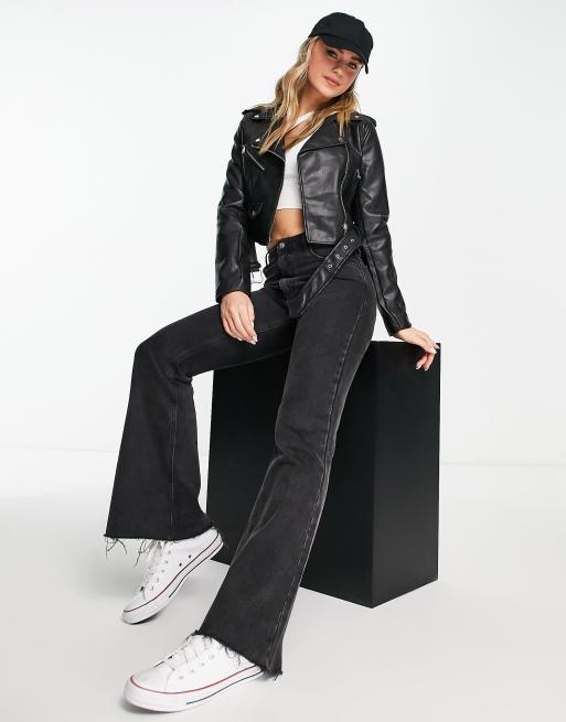 Stradivarius faux leather biker jacket in black, 4 of 4