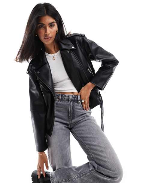 Stradivarius faux leather biker jacket in black - view 1