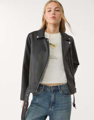 Stradivarius Faux Leather Biker Jacket In Black