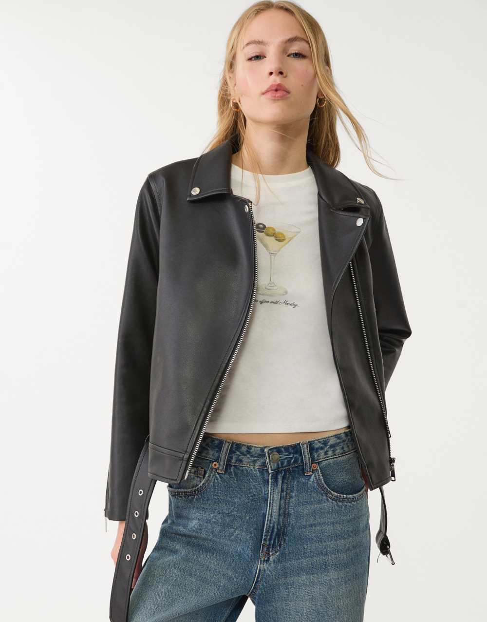 Stradivarius faux leather biker jacket in black