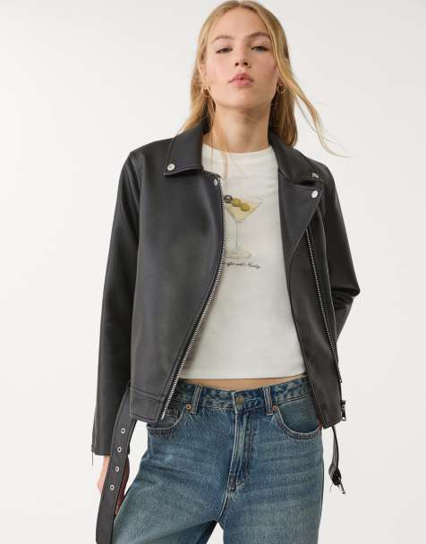 Stradivarius faux leather biker jacket in black