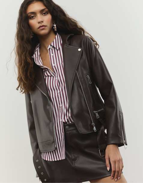 Stradivarius Faux leather biker jacket in brown