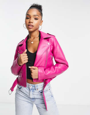 Stradivarius faux leather biker jacket in pink