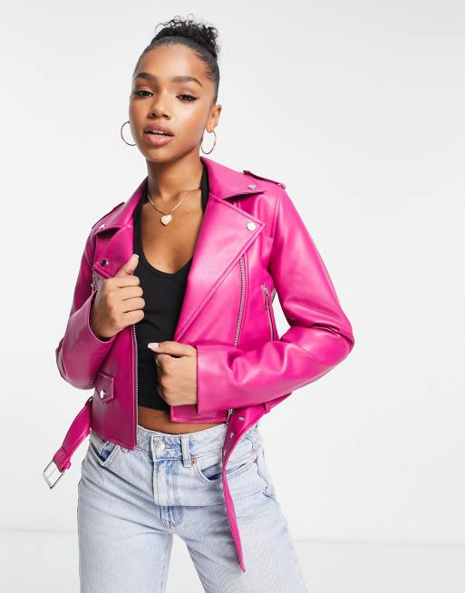 Stradivarius faux leather biker jacket in pink | ASOS