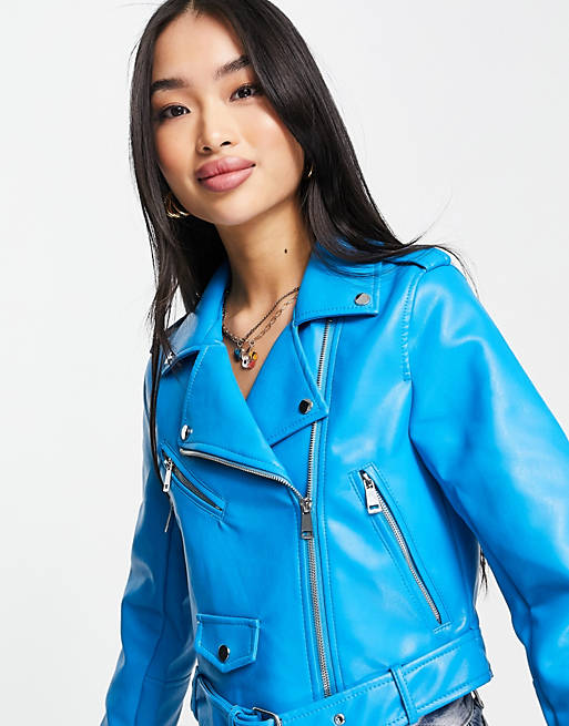 Women Stradivarius faux leather biker jacket in pop blue 