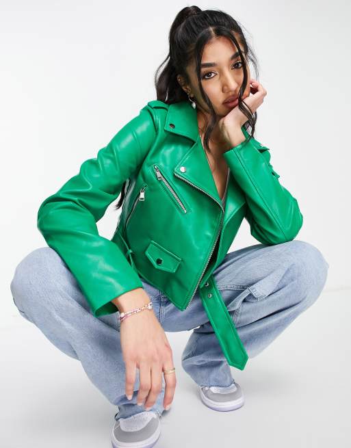 Green leather moto hot sale jacket women's