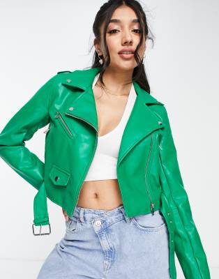 stradivarius green leather jacket