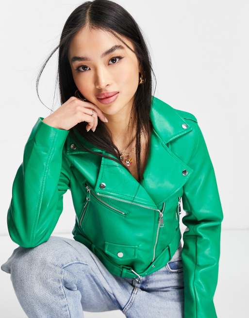 Green faux 2025 leather jacket womens