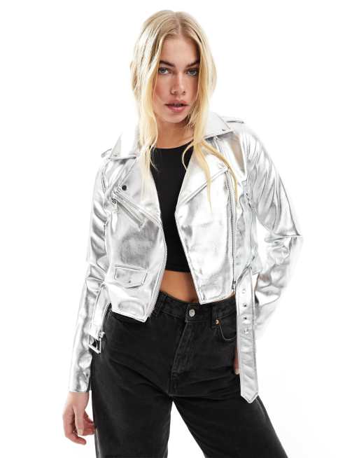 Silver leather biker outlet jacket