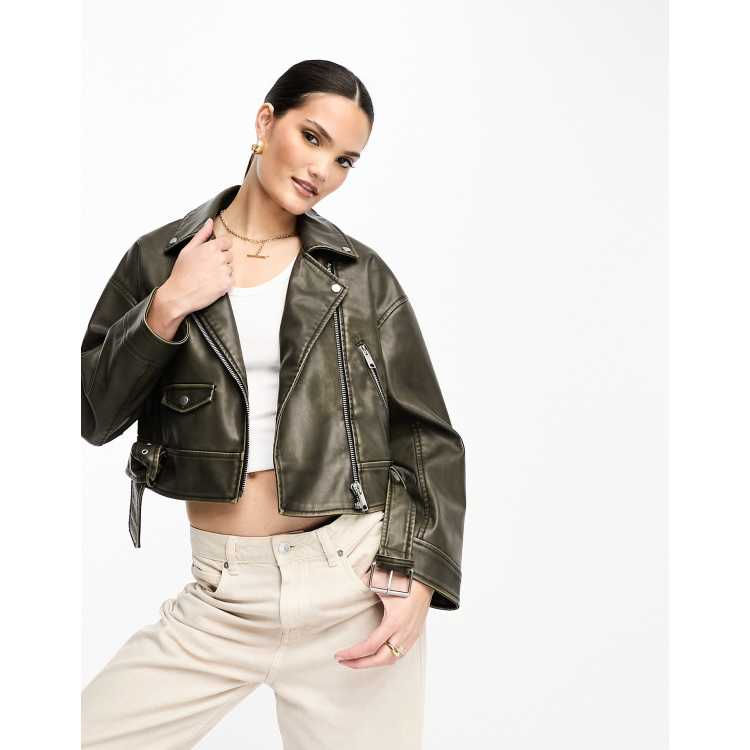 Stradivarius faux leather biker jacket in washed brown ASOS