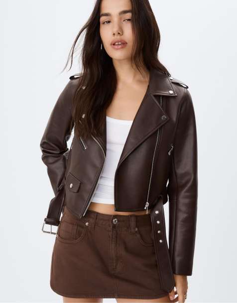 Stradivarius Faux leather biker jacket with belt in brown