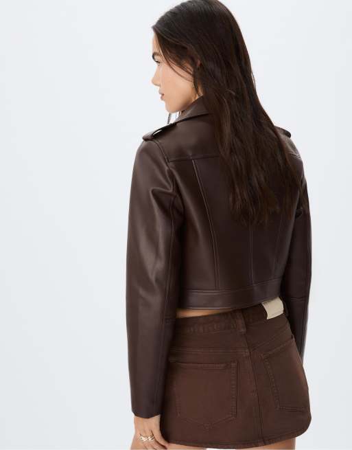 Stradivarius Faux leather biker jacket with belt in brown, 4 of 4