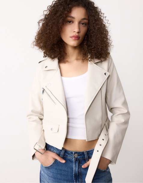 Stradivarius Faux leather biker jacket with belt in ice - view 1