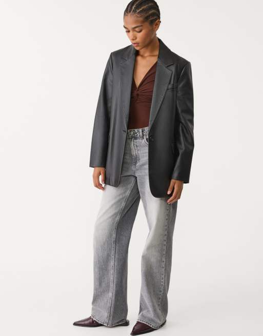 Stradivarius faux leather blazer in black, 4 of 4