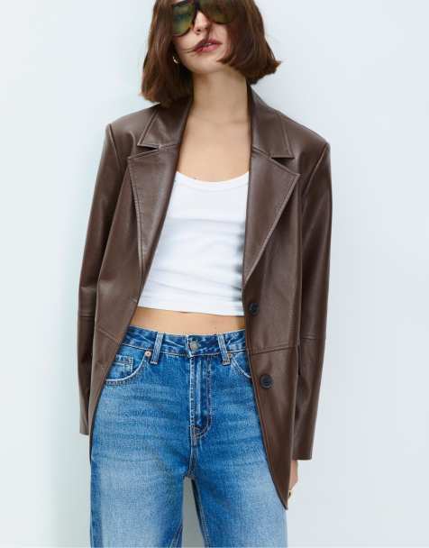 Stradivarius faux leather blazer in brown