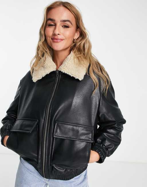 Borg collar cheap leather jacket