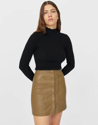 Stradivarius Faux Leather Button Front Mini Skirt In Khaki green