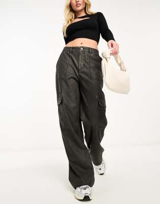 Stradivarius Faux Leather Cargo Pants In Washed Black