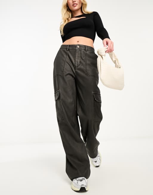 Plus Black Faux Leather Cargo Trousers