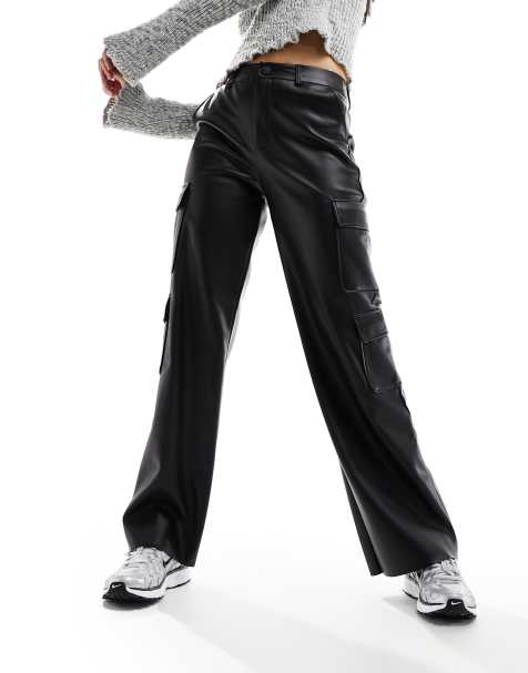 Stradivarius faux leather cargo trouser in black - view 1